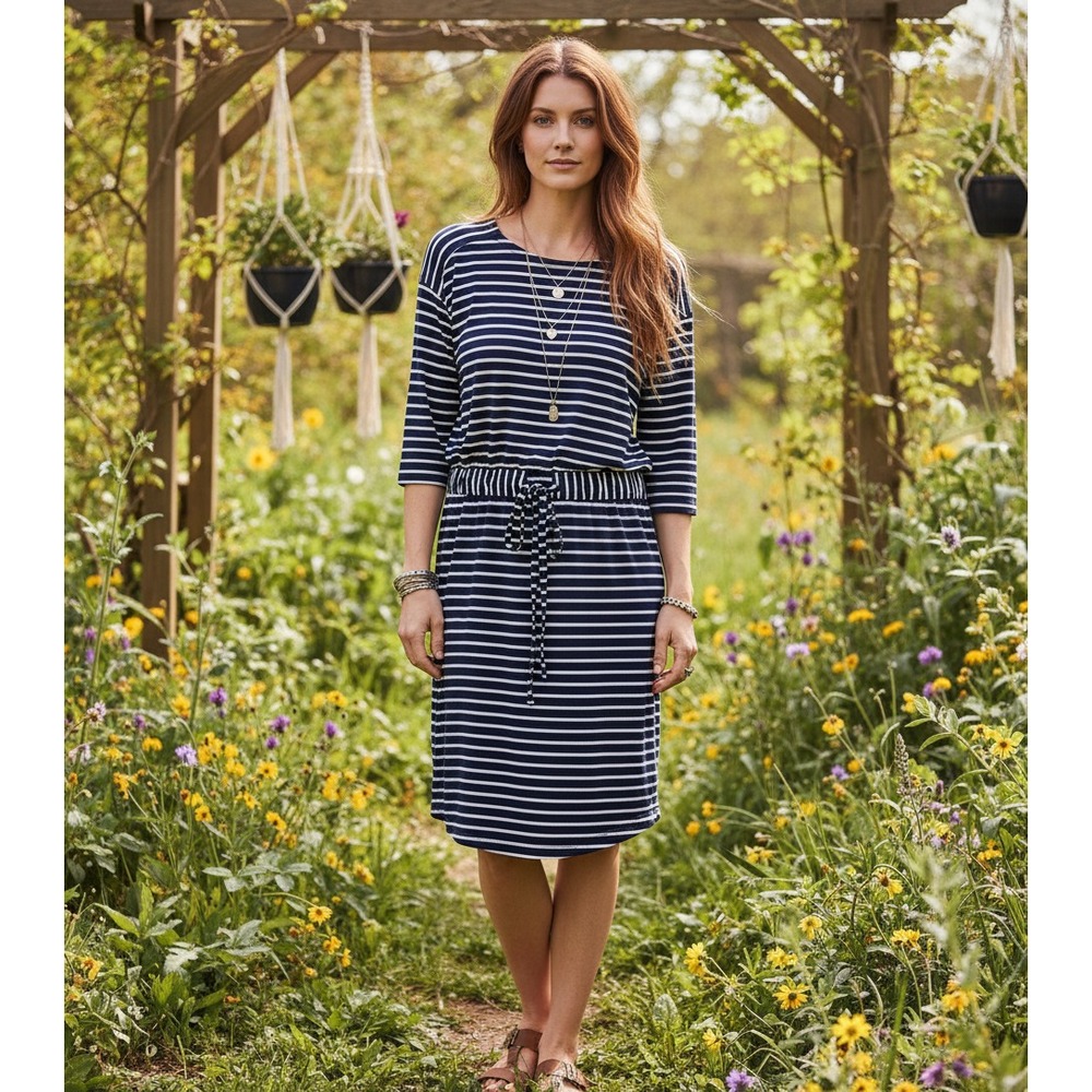 Loft M Lounge Blue Striped Jersey Blouson Dress Casual Coastal Comfy Resort Chic